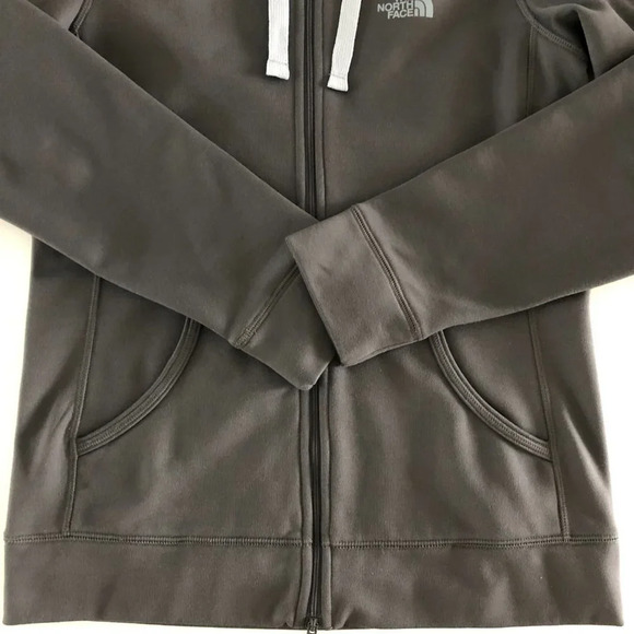 North Face Front Zip Hoodie Bomber Jacket Grey w Baby Blue Drawstrings Sz S - Picture 6 of 15